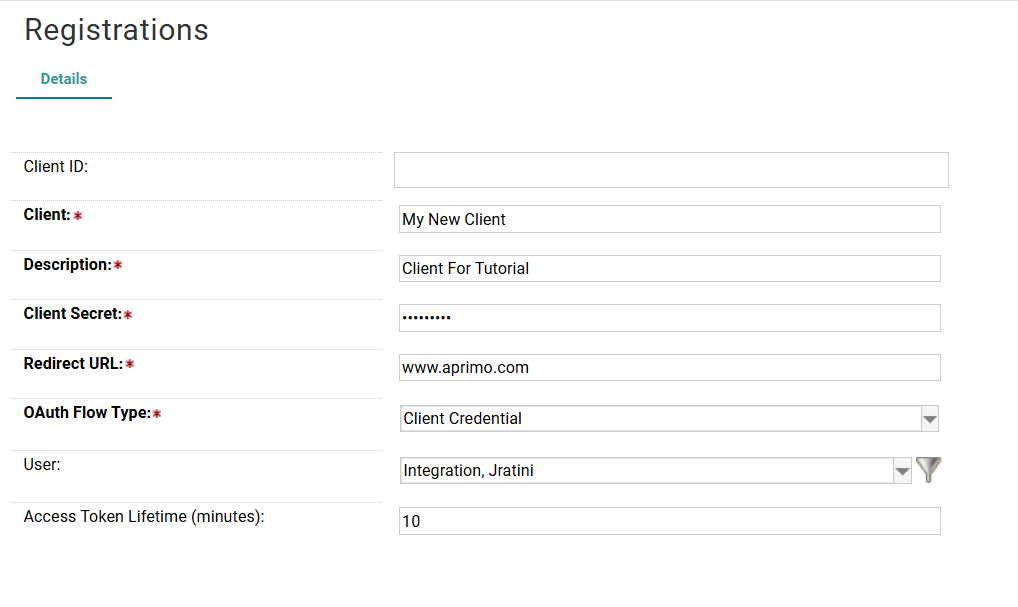 The fields for the Client Registration