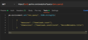 Example REST API request showing how to use JSON.stringify in POSTMAN to minify the query.